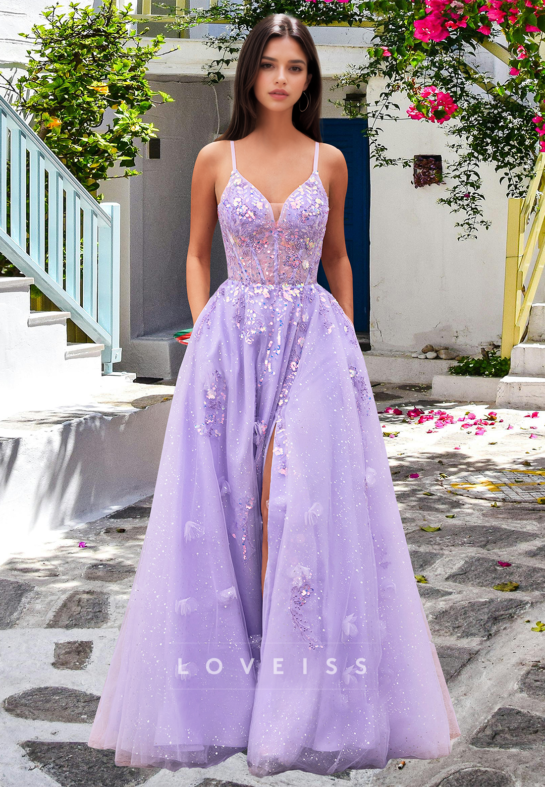 V-Neck Spaghetti Straps Appliques Sequins A-Line Prom Dress