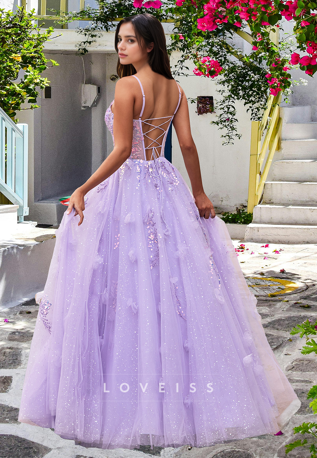 V-Neck Spaghetti Straps Appliques Sequins A-Line Prom Dress