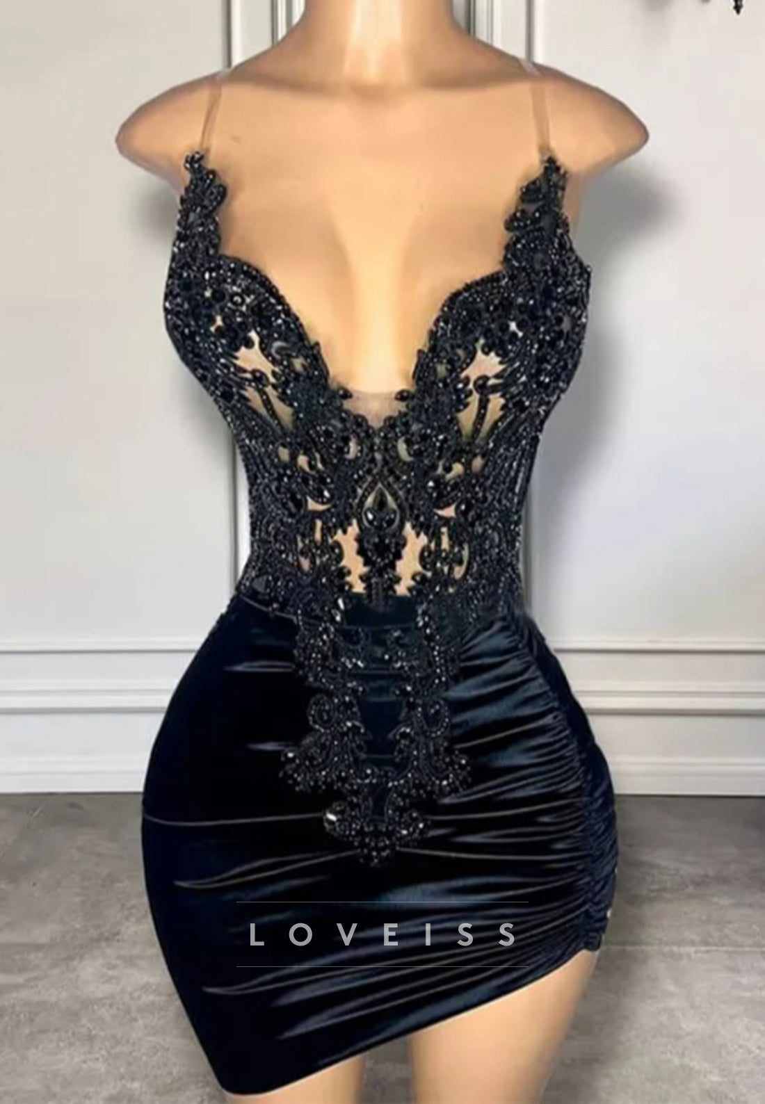 V-Neck Spaghetti Straps Appliques Sheath Party Homecoming Dress