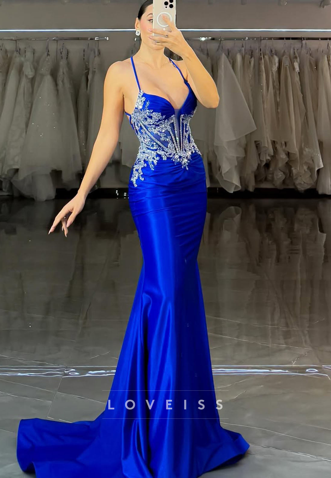 V-Neck Spaghetti Straps Appliques Sleek Mermaid Prom Dress