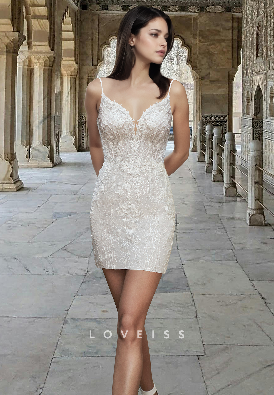 V-Neck Spaghetti Straps Appliques Sparkly Short Beach Wedding Dress