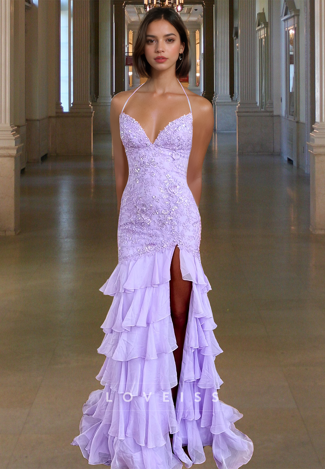 V-Neck Spaghetti Straps Appliques Tiered Mermaid Prom Dress V-Neck Spaghetti Straps Appliques Tiered Mermaid Prom Dress