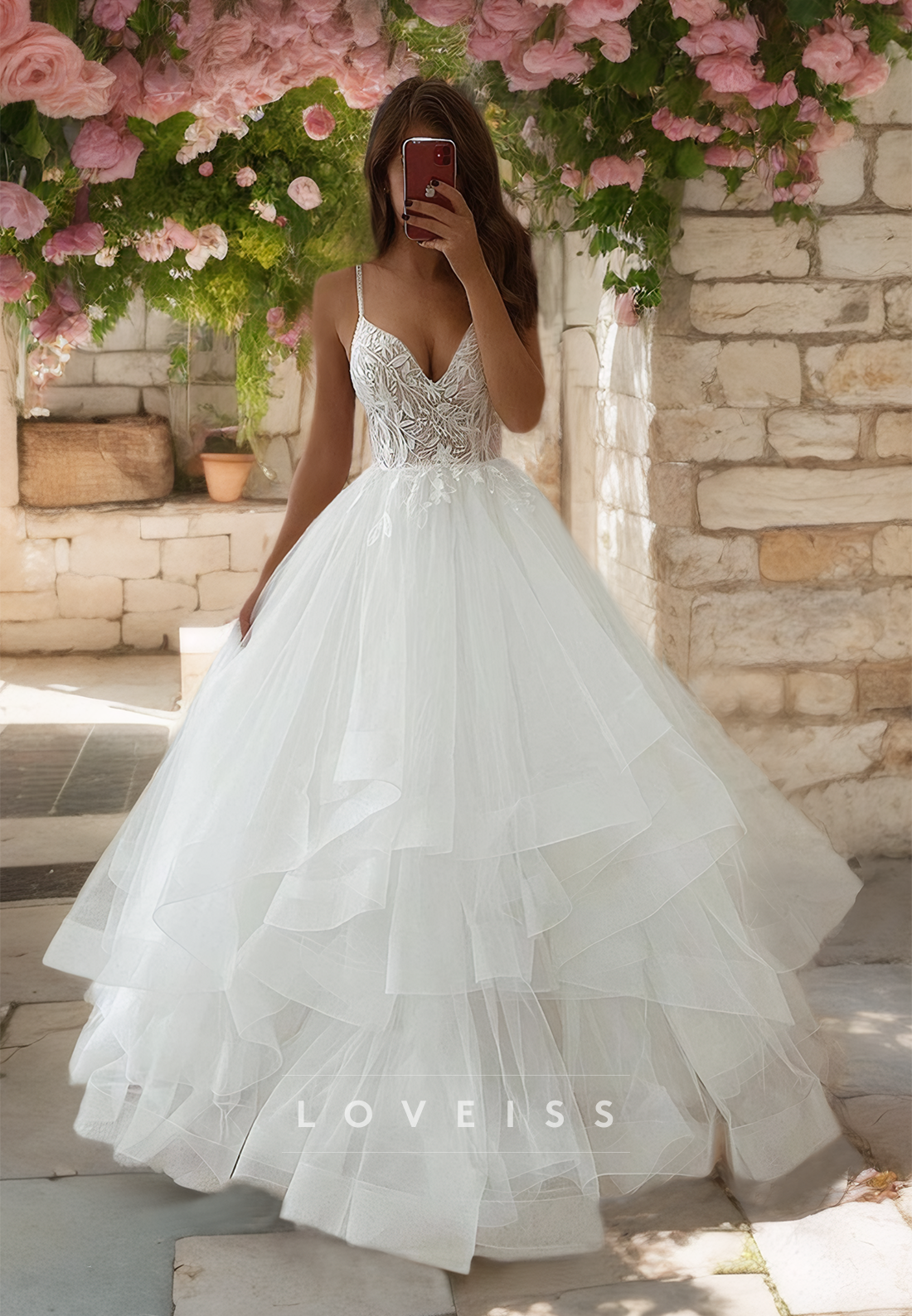 V-Neck Spaghetti Straps Appliques Tiered Tulle A-Line Wedding Dress