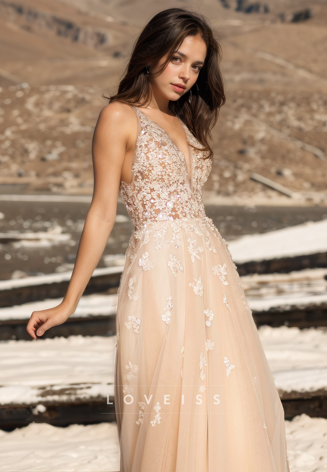 V-Neck Spaghetti Straps Appliques Tulle A-Line Wedding Dress