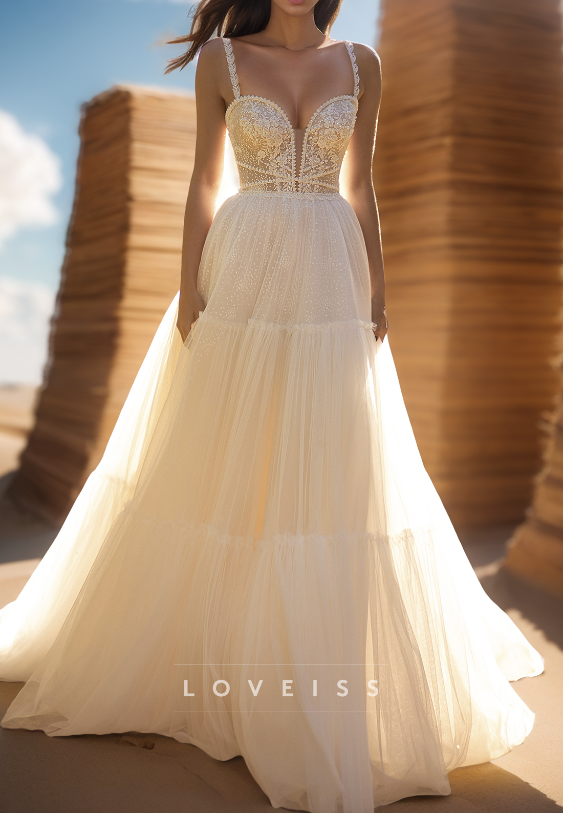 V-Neck Spaghetti Straps Appliques Tulle A-Line Wedding Dress