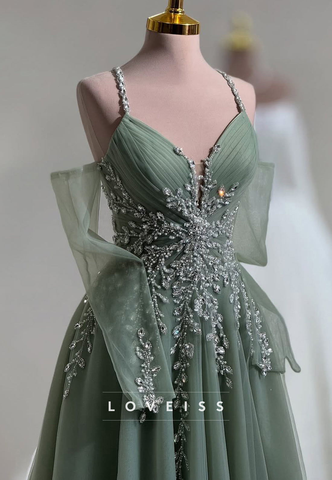 V-Neck Spaghetti Straps Beaded Appliques A-Line Prom Dress