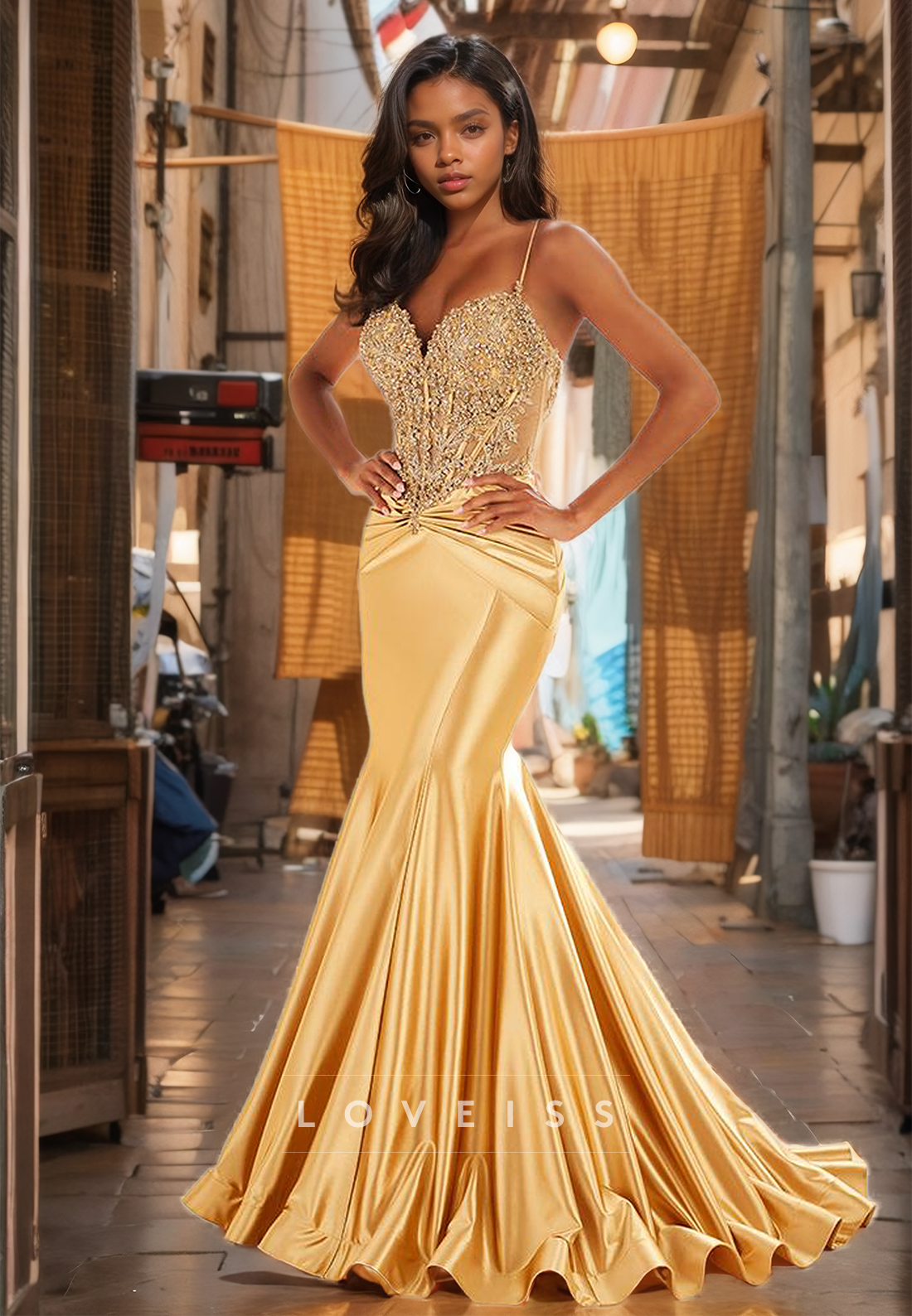 V-Neck Spaghetti Straps Beaded Appliques Pleated Mermaid Prom Dress