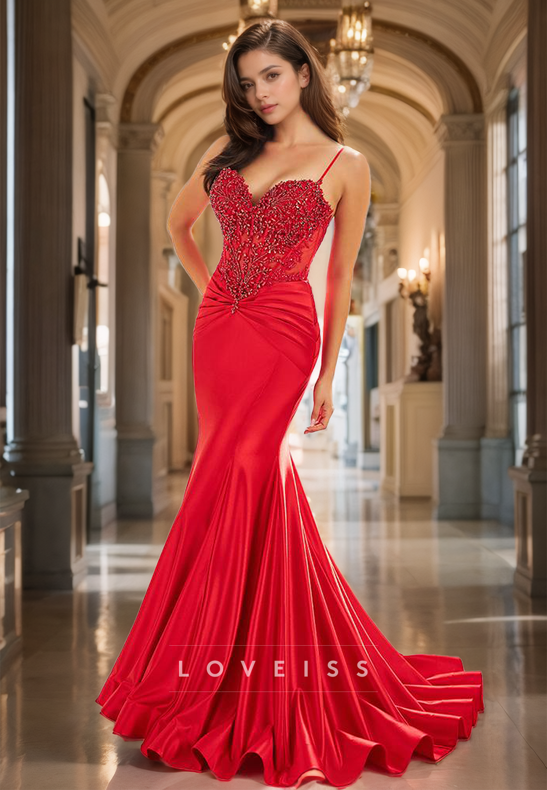 V-Neck Spaghetti Straps Beaded Appliques Pleated Mermaid Prom Dress