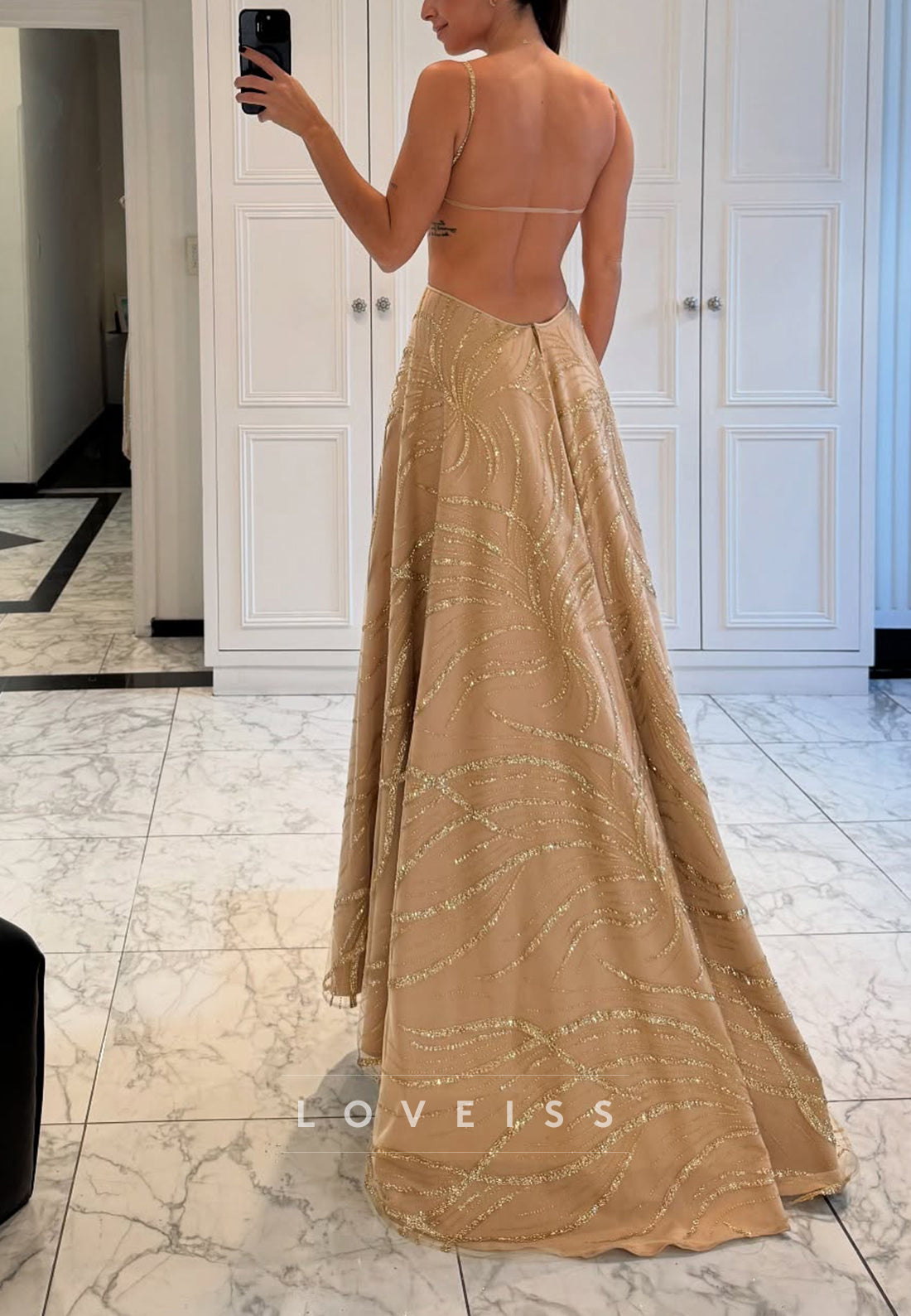 V-Neck Spaghetti Straps Beaded Embroidery Sparkly A-Line Evening Dress