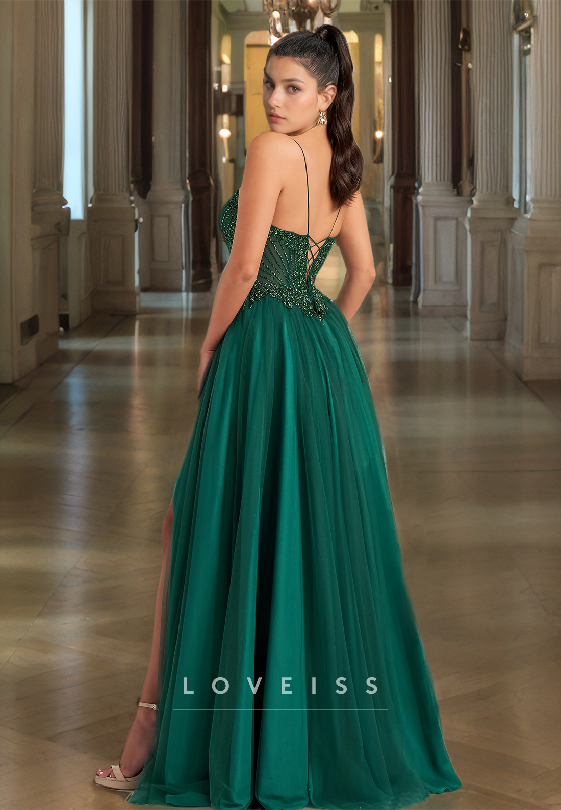 V-Neck Strapless Beaded Sleek Mermaid Side Slit Prom Dress