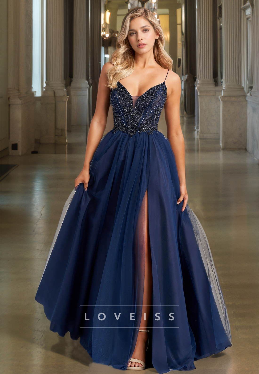 V-Neck Strapless Beaded Sleek Mermaid Side Slit Prom Dress