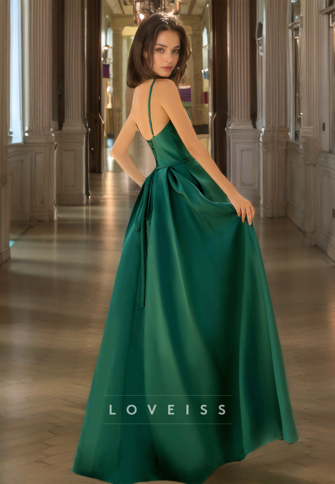 V-Neck Spaghetti Straps Beaded Pleated Satin A-Line Prom Dress