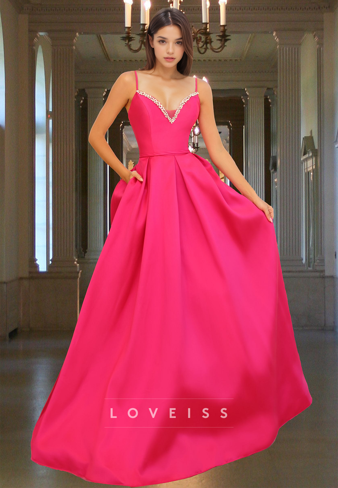 V-Neck Spaghetti Straps Beaded Pleated Satin A-Line Prom Dress