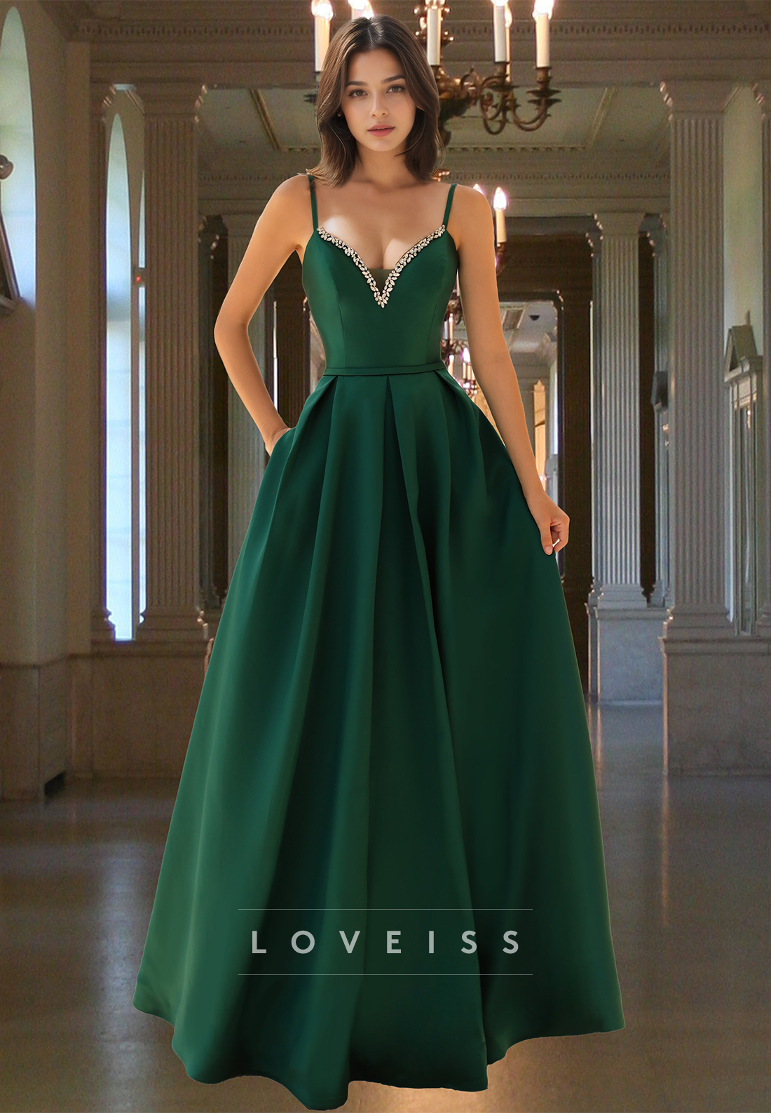 V-Neck Spaghetti Straps Beaded Pleated Satin A-Line Prom Dress
