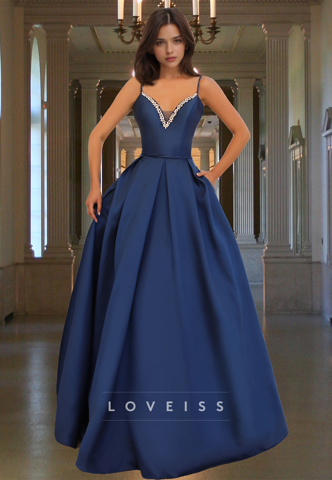 V-Neck Spaghetti Straps Beaded Pleated Satin A-Line Prom Dress