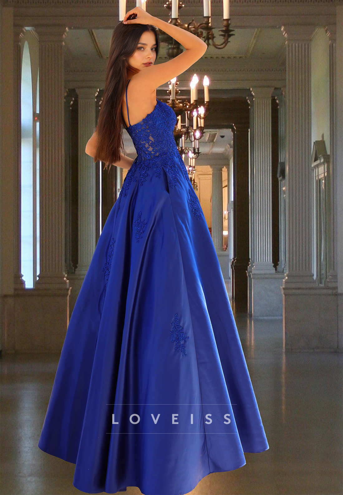 V-Neck Spaghetti Straps Beaded Pleated Satin A-Line Prom Dress