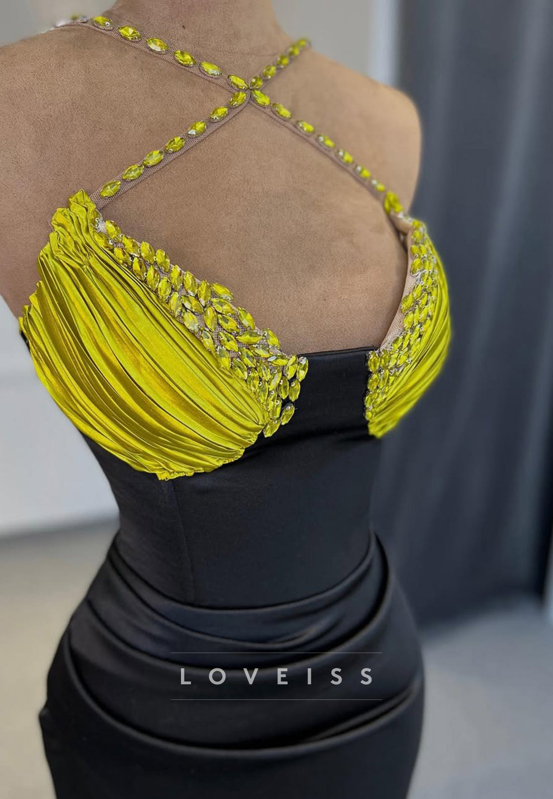 V-Neck Spaghetti Straps Beaded Pleated Sheath Formal Dress