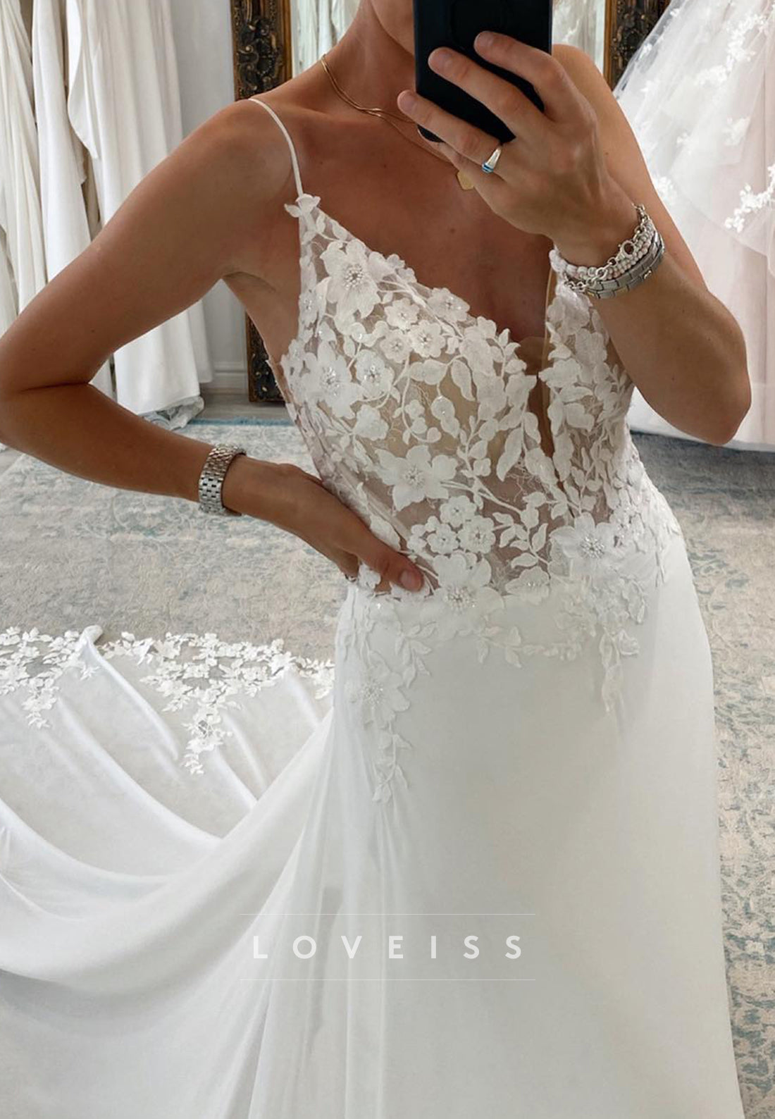 V-Neck Spaghetti Straps Chiffon A-Line Appliques Wedding Dress