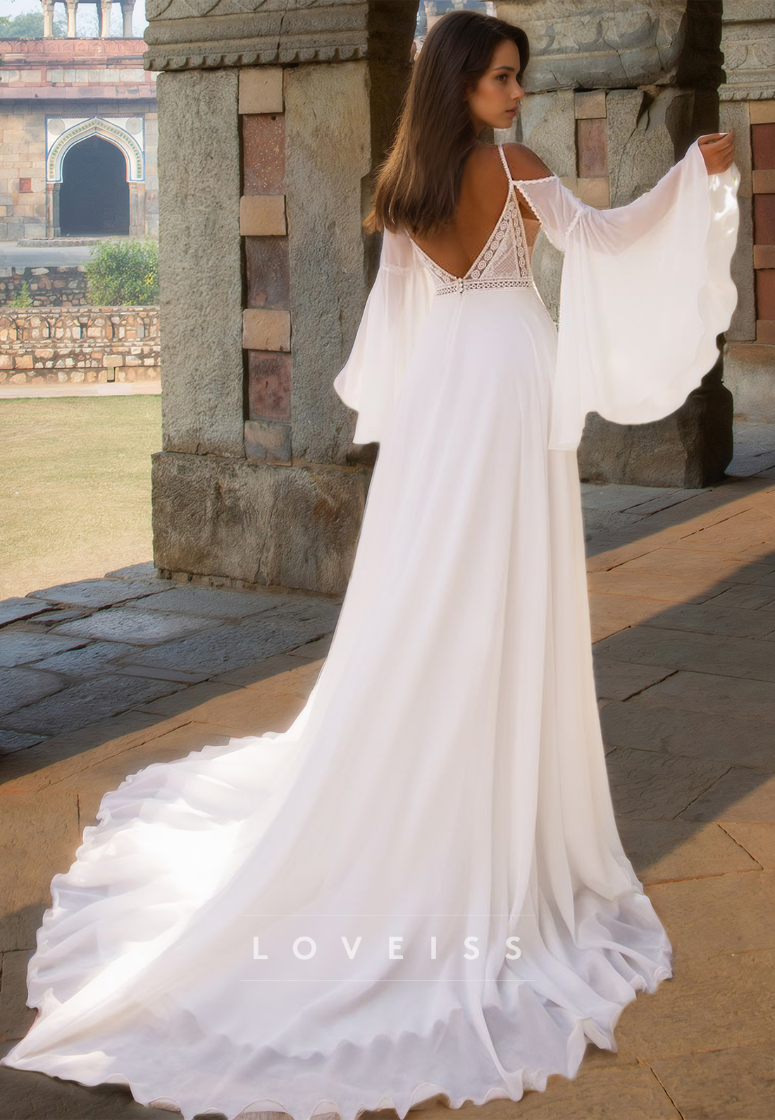 V-Neck Spaghetti Straps Chiffon A-Linee Boho Wedding Dress
