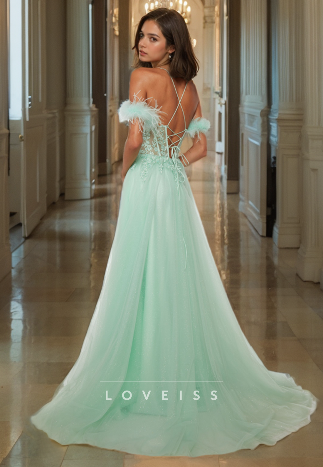 V-Neck Spaghetti Straps Feathered Appliques Tulle A-Line Prom Dress