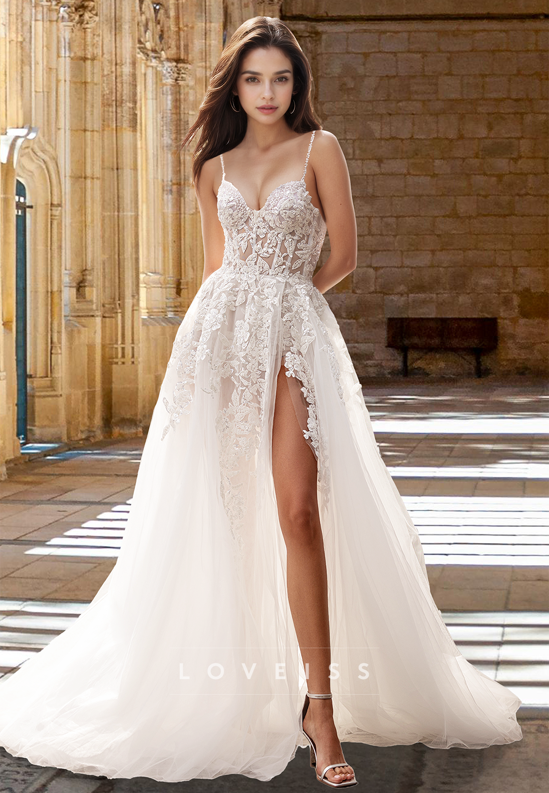 V-Neck Spaghetti Straps Floral Appliques A-Line Beach Wedding Dress Loveiss V-Neck Spaghetti Straps Floral Appliques A-Line Beach Wedding Dress Loveiss