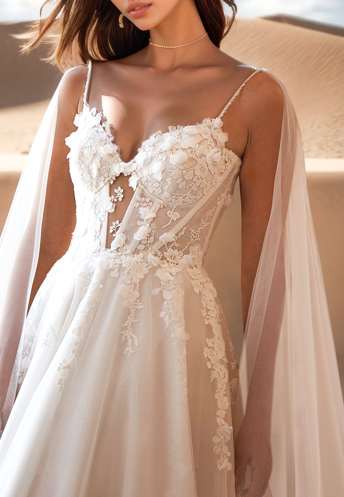 V-Neck Spaghetti Straps Floral Appliques A-Line Wedding Dress