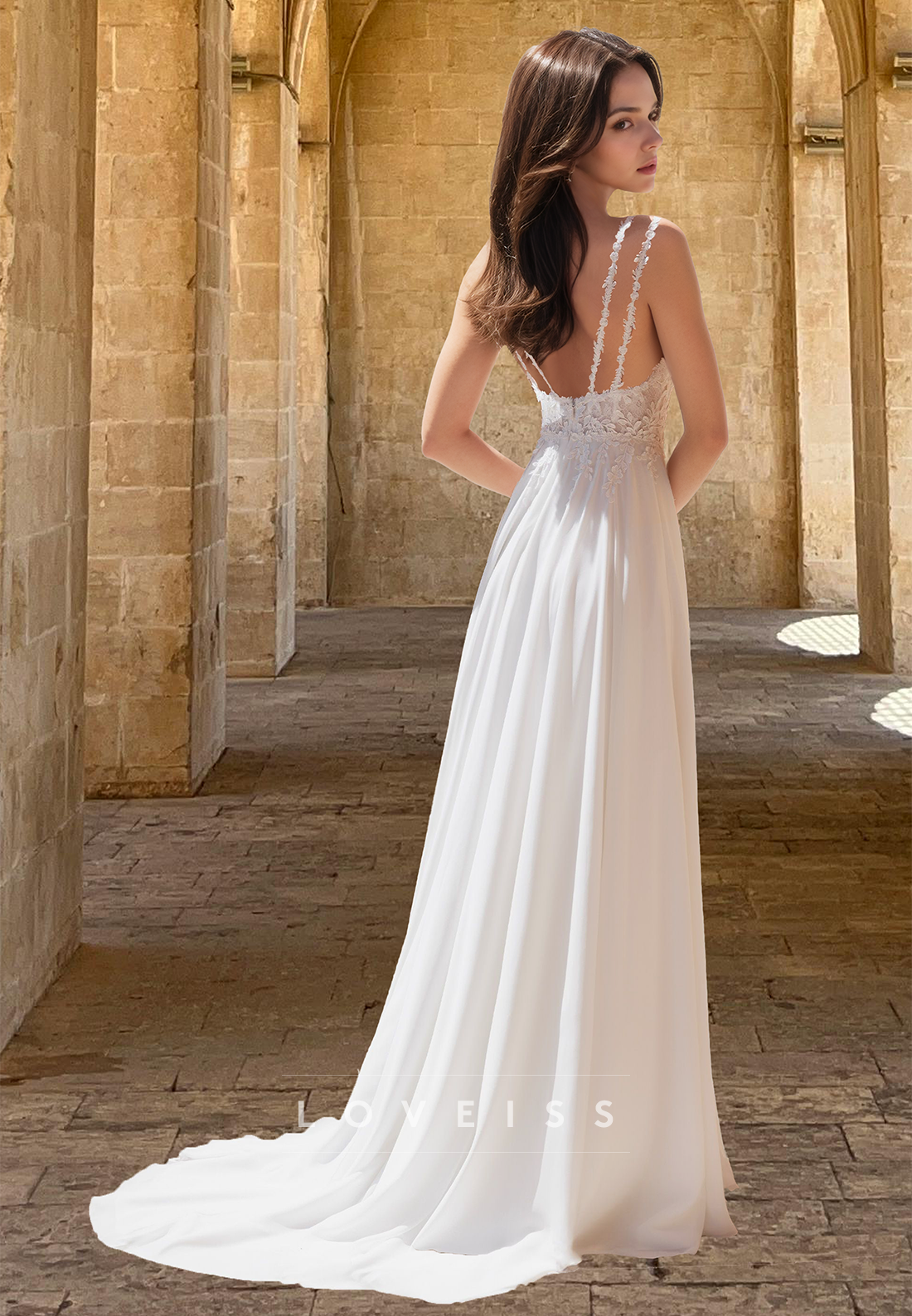 V-Neck Spaghetti Straps Floral Appliques Chiffon A-Line Beach Wedding Dress
