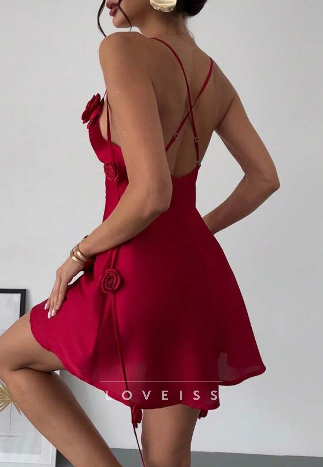 V-Neck Spaghetti Straps Floral Embellished A-Line Party Homecoming Dress