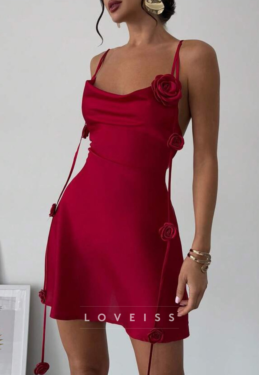 V-Neck Spaghetti Straps Floral Embellished A-Line Party Homecoming Dress