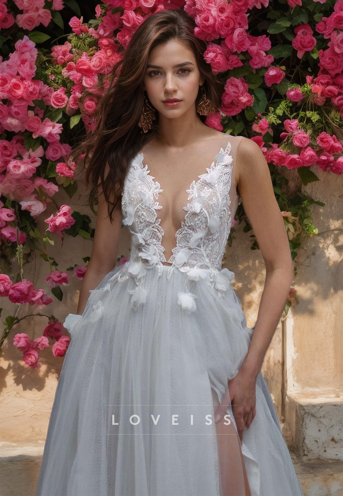 V-Neck Spaghetti Straps Floral Embellished Tulle A-Line Wedding Dress