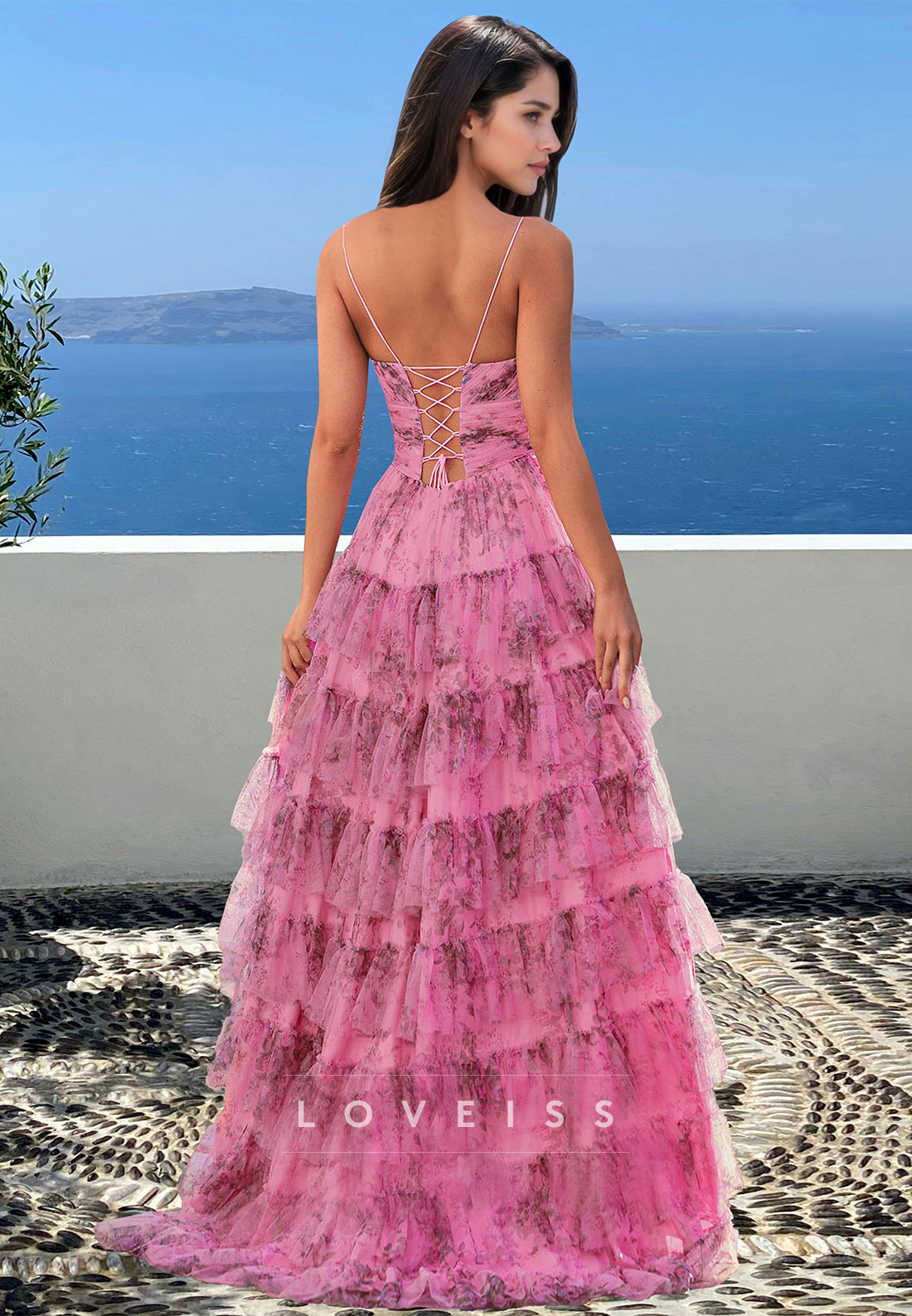 V-Neck Spaghetti Straps Floral Tiered A-Line Prom Dress