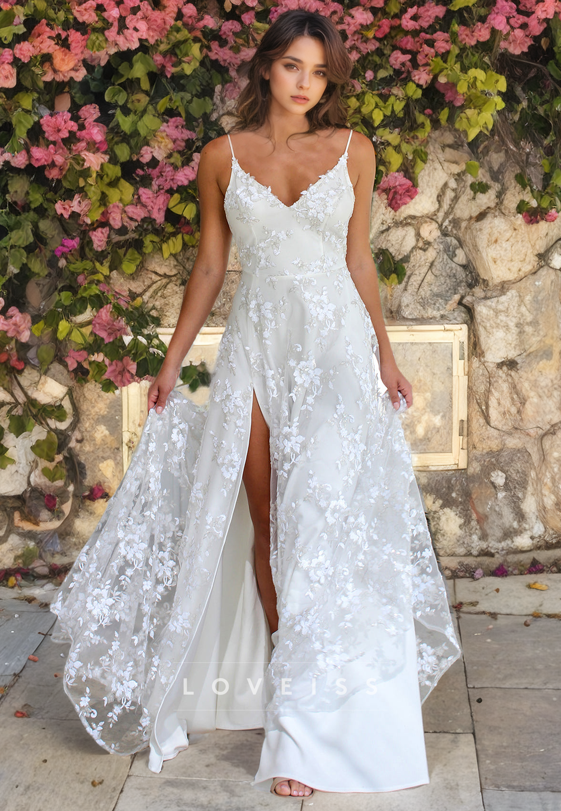 V-Neck Spaghetti Straps High Slit Appliques A-Line Beach Wedding Dress