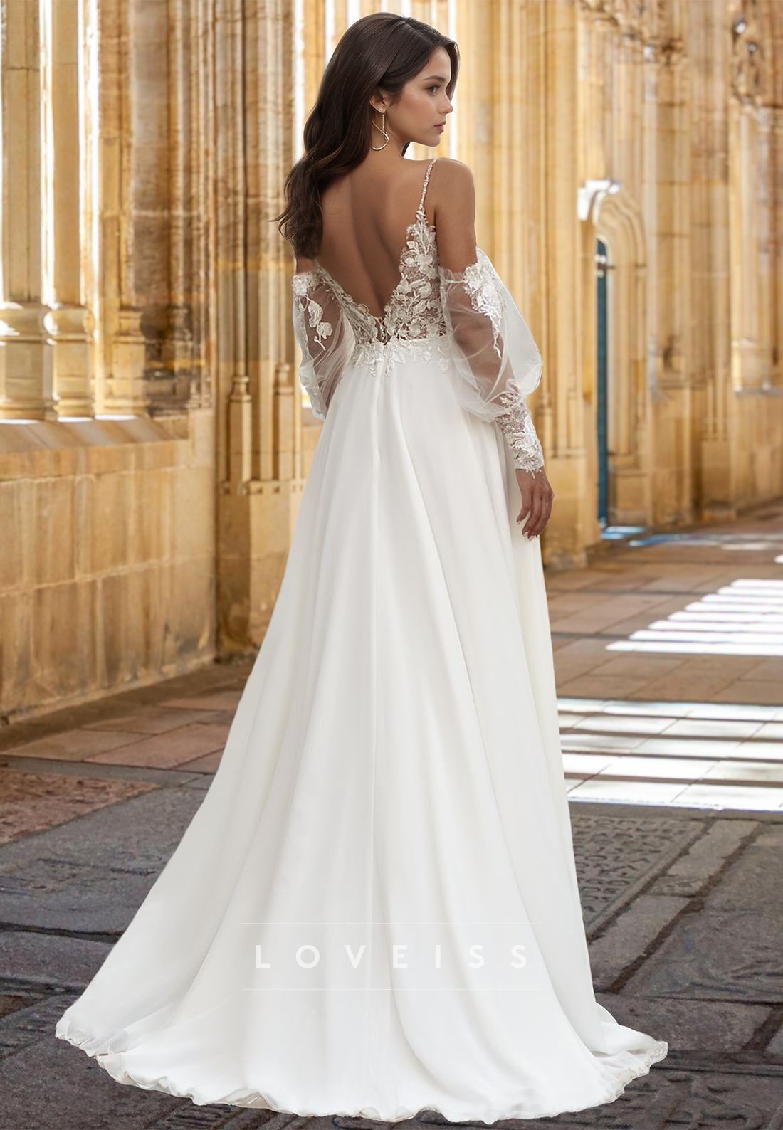 V-Neck Spaghetti Straps Lace Appliques A-Line Beach Wedding Dress