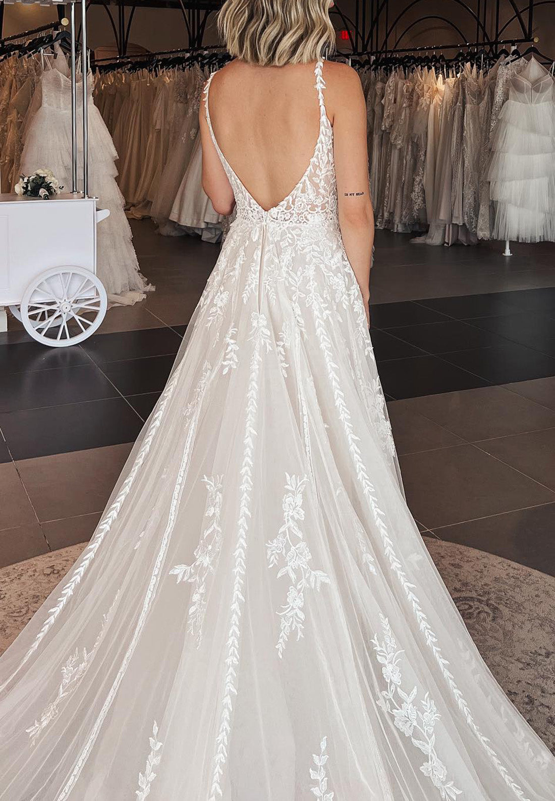 V-Neck Spaghetti Straps Lace Appliques A-Line Wedding Dress
