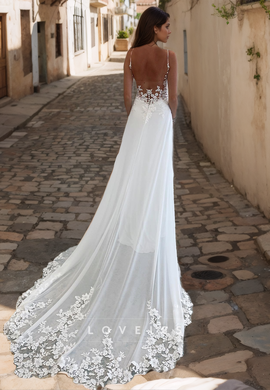 V-Neck Spaghetti Straps Lace Appliques A-Line Wedding Dress