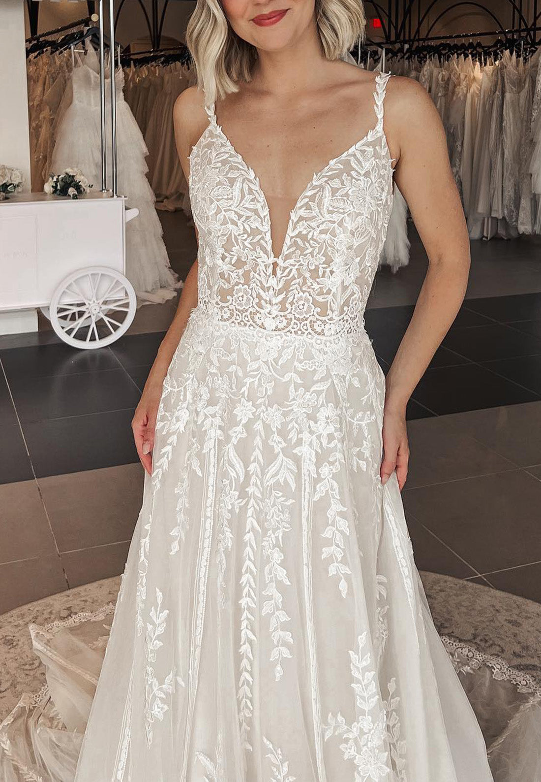 V-Neck Spaghetti Straps Lace Appliques A-Line Wedding Dress