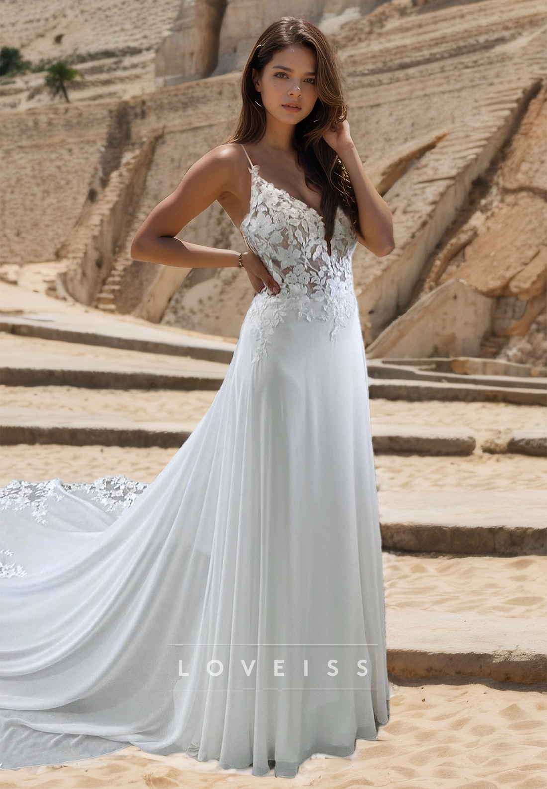 V-Neck Spaghetti Straps Lace Appliques A-Line Wedding Dress