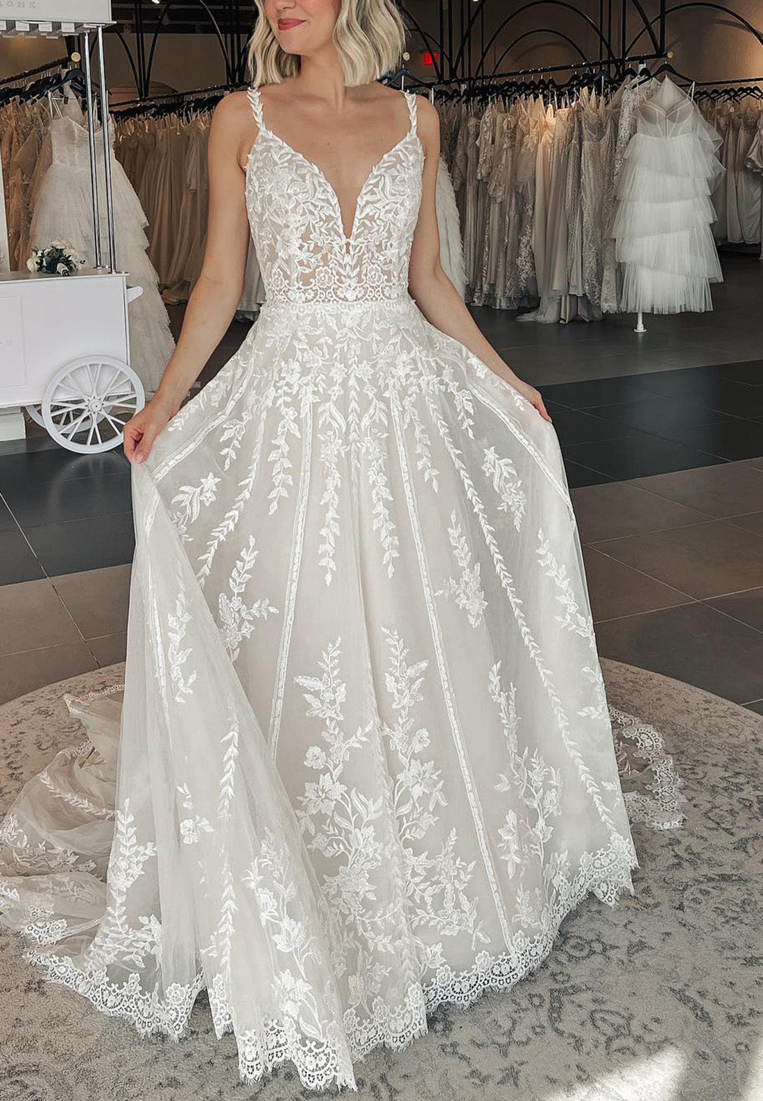 V-Neck Spaghetti Straps Lace Appliques A-Line Wedding Dress