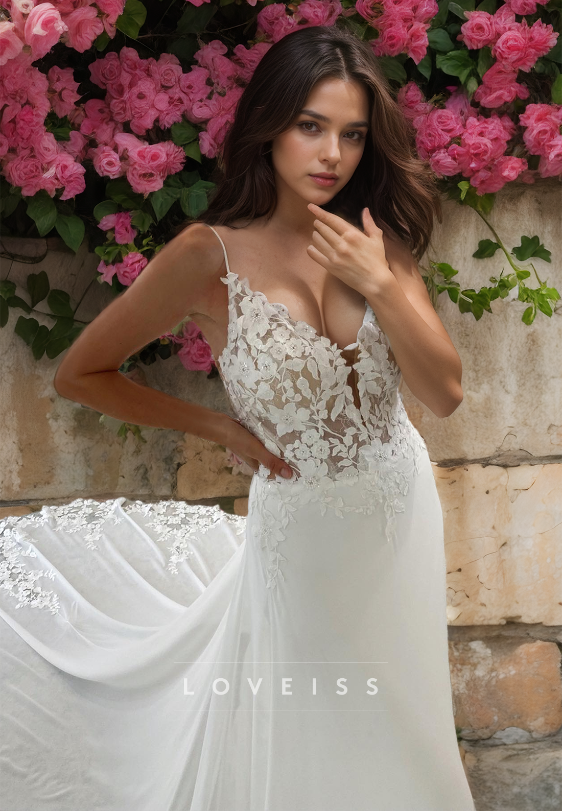 V-Neck Spaghetti Straps Lace Appliques A-Line Wedding Dress