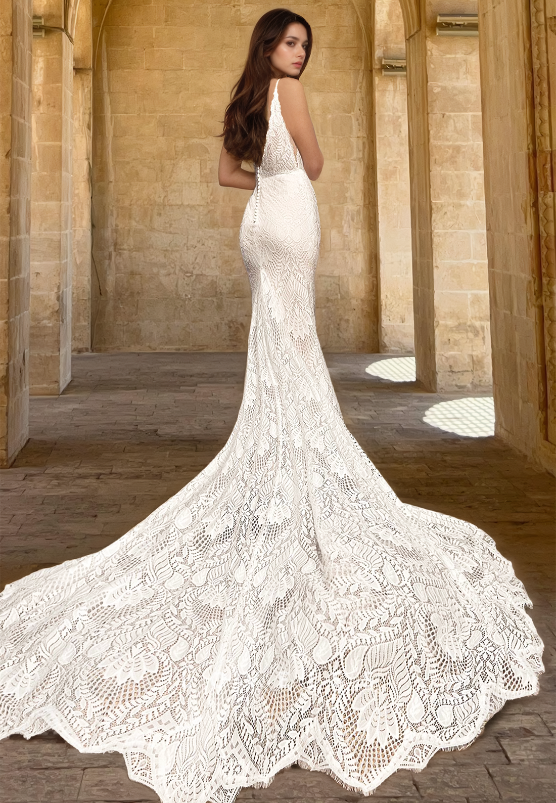 V-Neck Spaghetti Straps Lace Appliques Mermaid Boho Weedding Dress