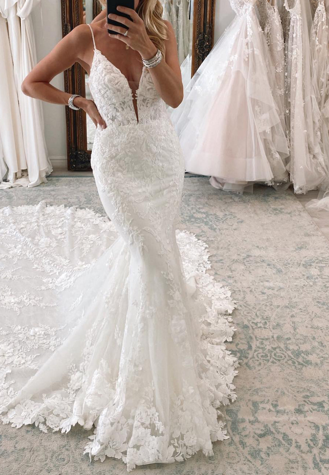V-Neck Spaghetti Straps Lace Appliques Mermaid Wedding Dress
