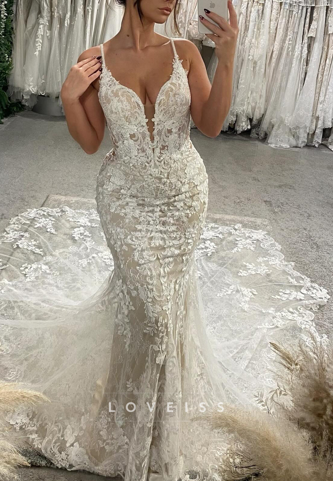 V-Neck Spaghetti Straps Lace Appliques Mermaid Wedding Dress