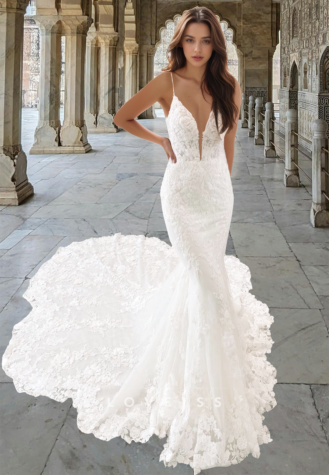 V-Neck Spaghetti Straps Lace Appliques Mermaid Wedding Dress Loveiss V-Neck Spaghetti Straps Lace Appliques Mermaid Wedding Dress Loveiss