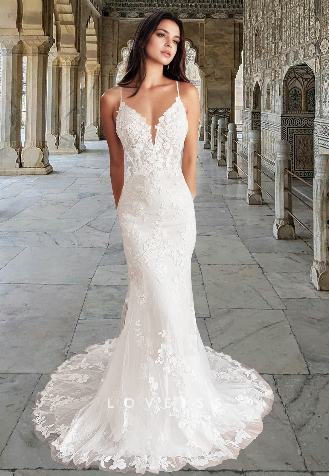 V-Neck Spaghetti Straps Lace Appliques Mermaid Wedding Dress