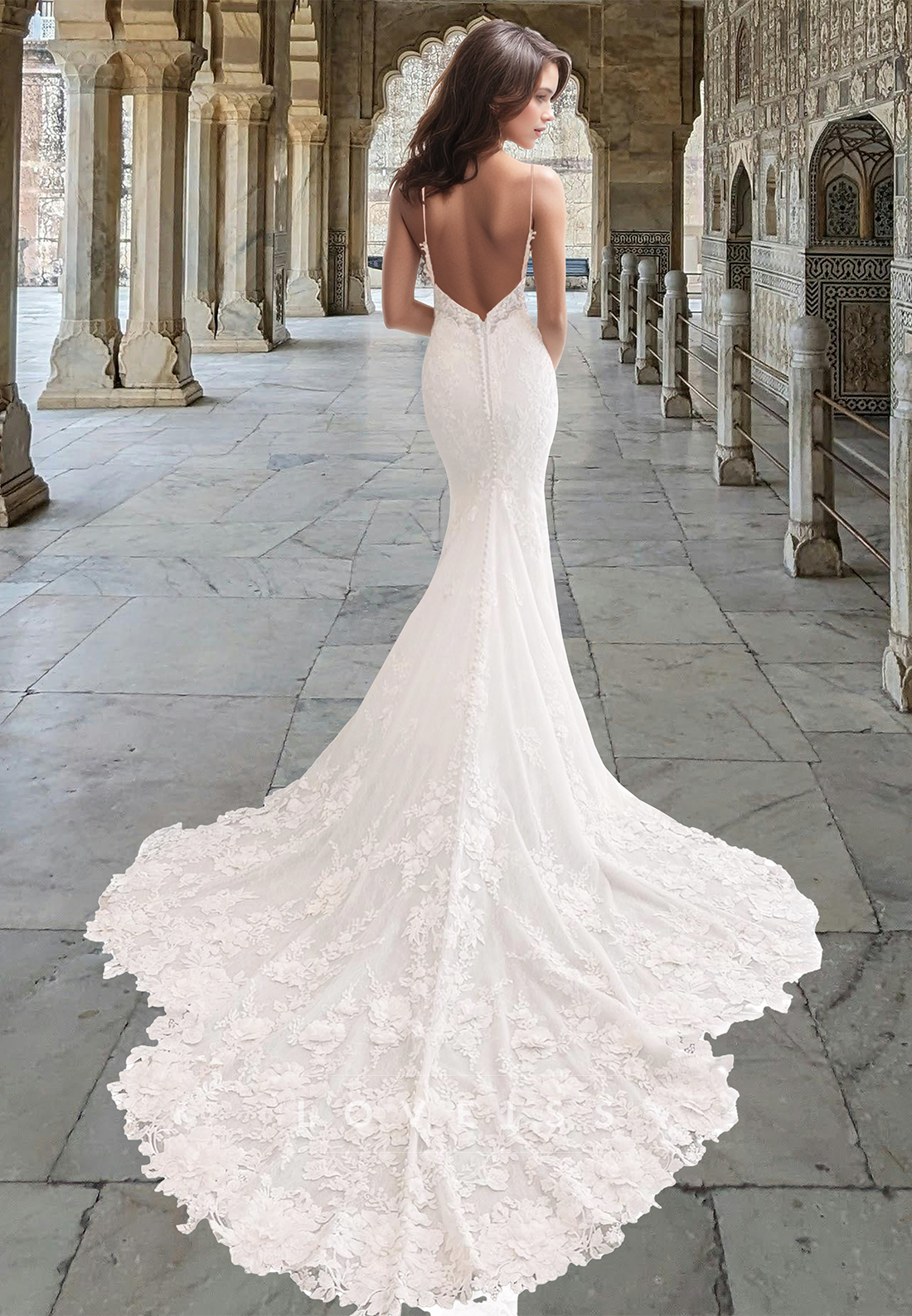V-Neck Spaghetti Straps Lace Appliques Mermaid Wedding Dress