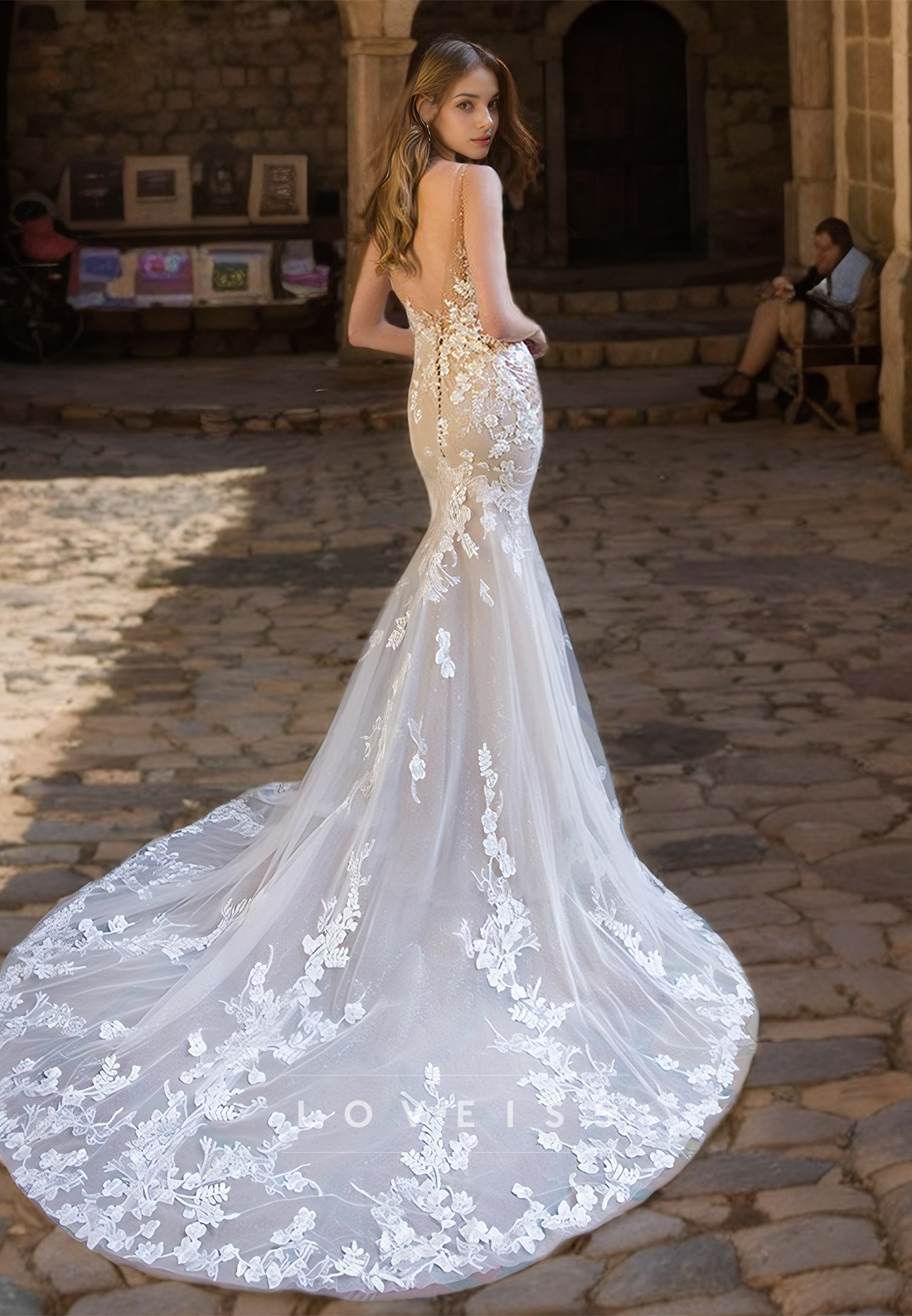 V-Neck Spaghetti Straps Lace Appliques Mermaid Wedding Dress