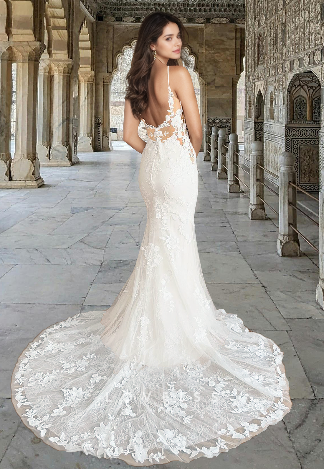 V-Neck Spaghetti Straps Lace Appliques Mermaid Wedding Dress