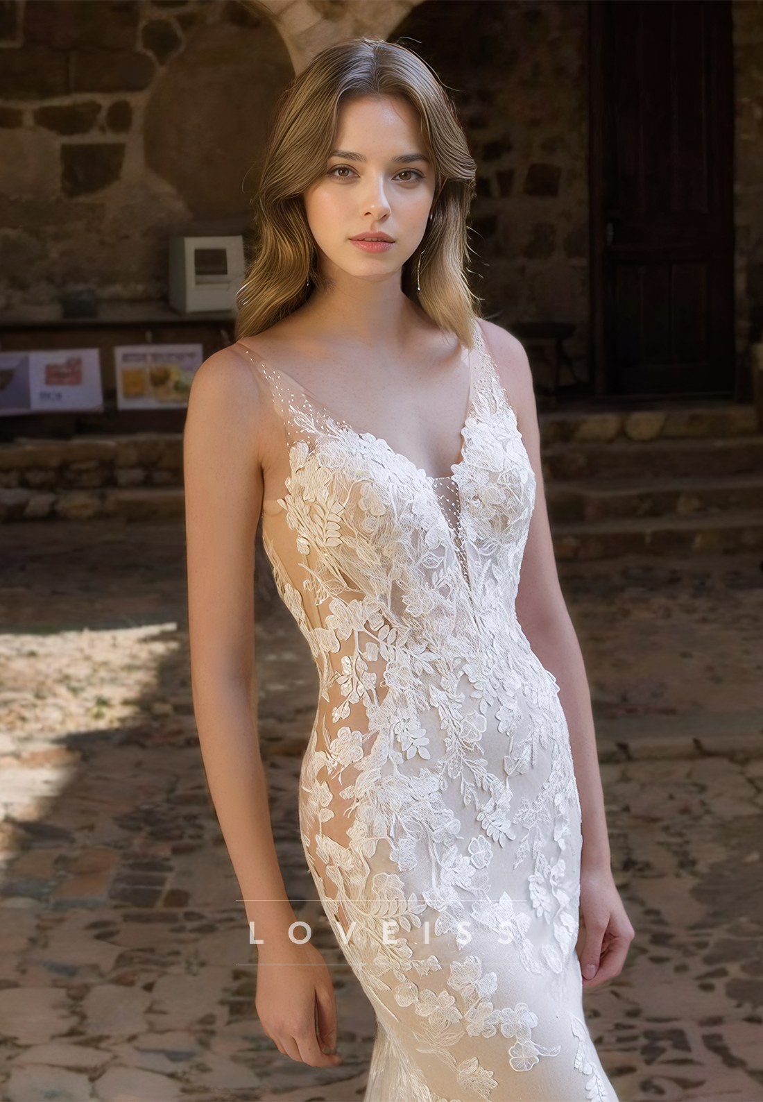 V-Neck Spaghetti Straps Lace Appliques Mermaid Wedding Dress