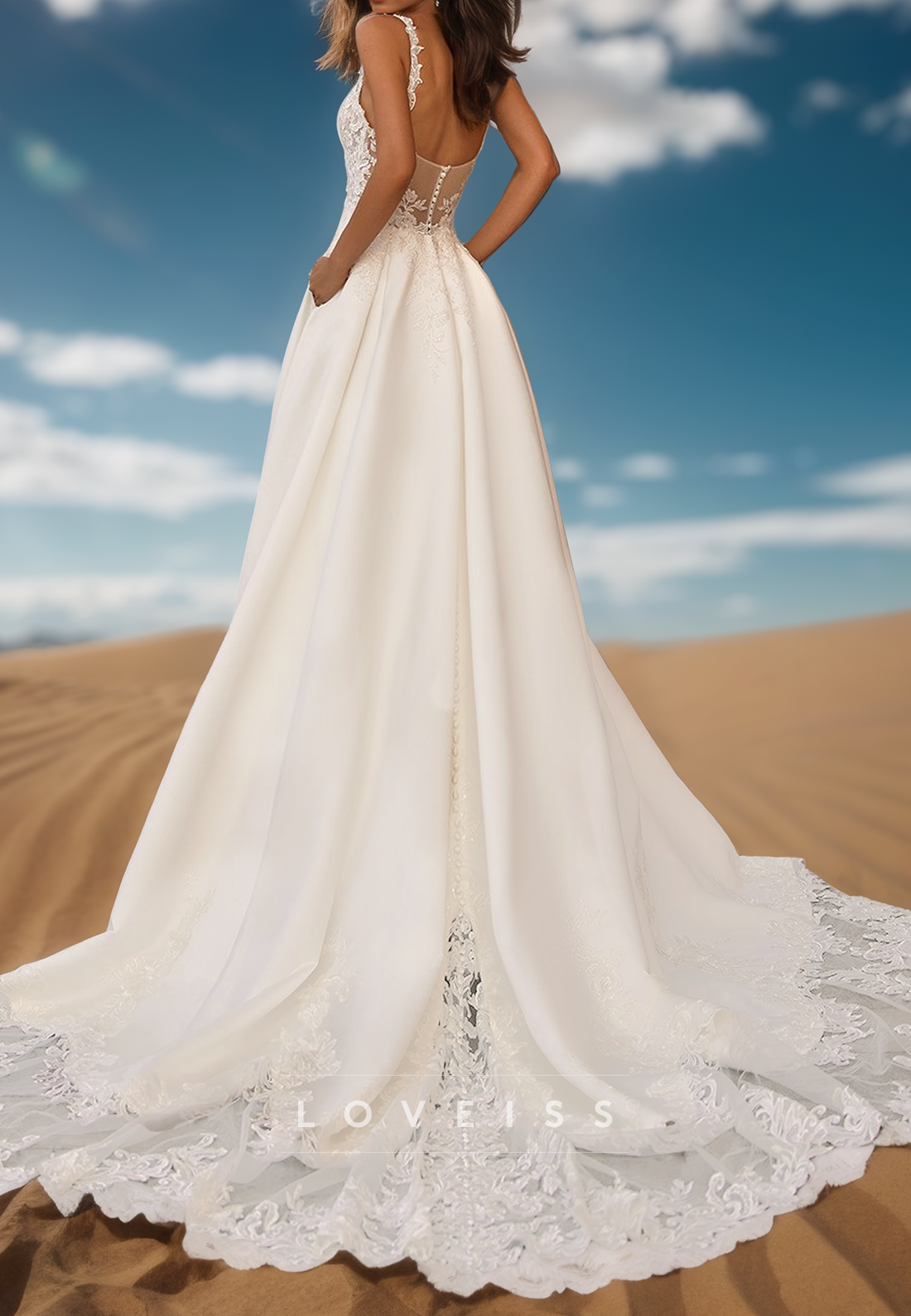 V-Neck Spaghetti Straps Lace Appliques Satin A-Line Wedding Dress