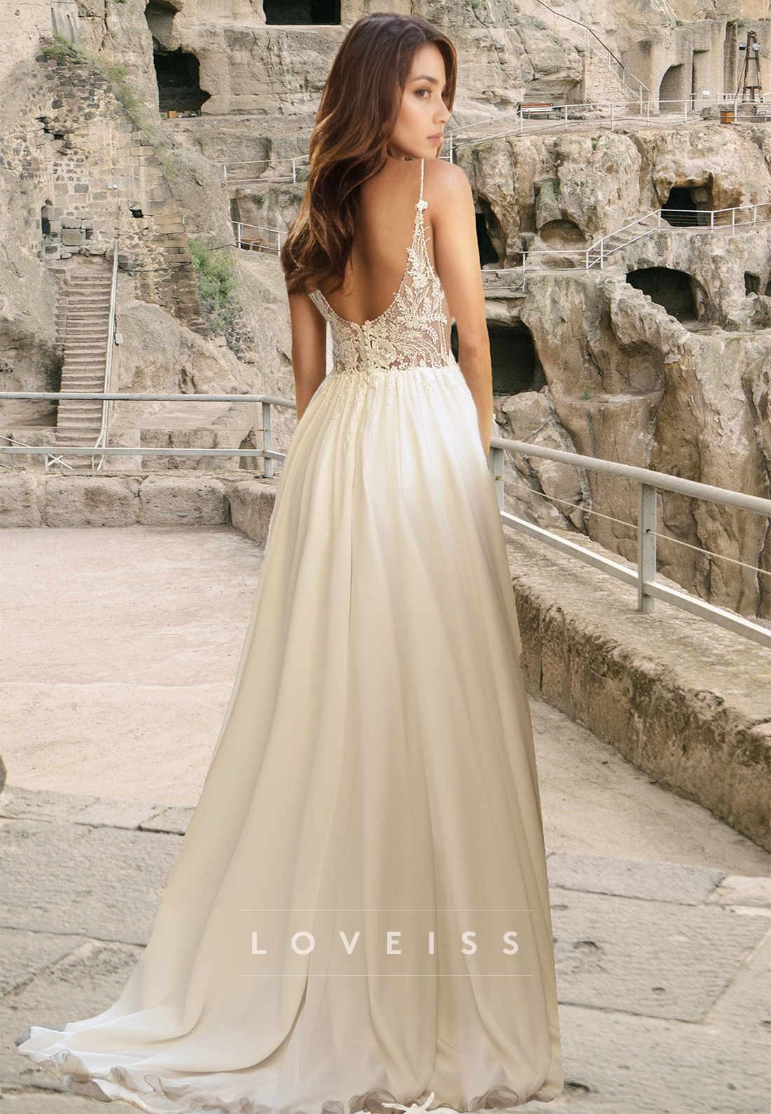 V-Neck Spaghetti Straps Lace Appliques Side Slit A-Line Wedding Dress